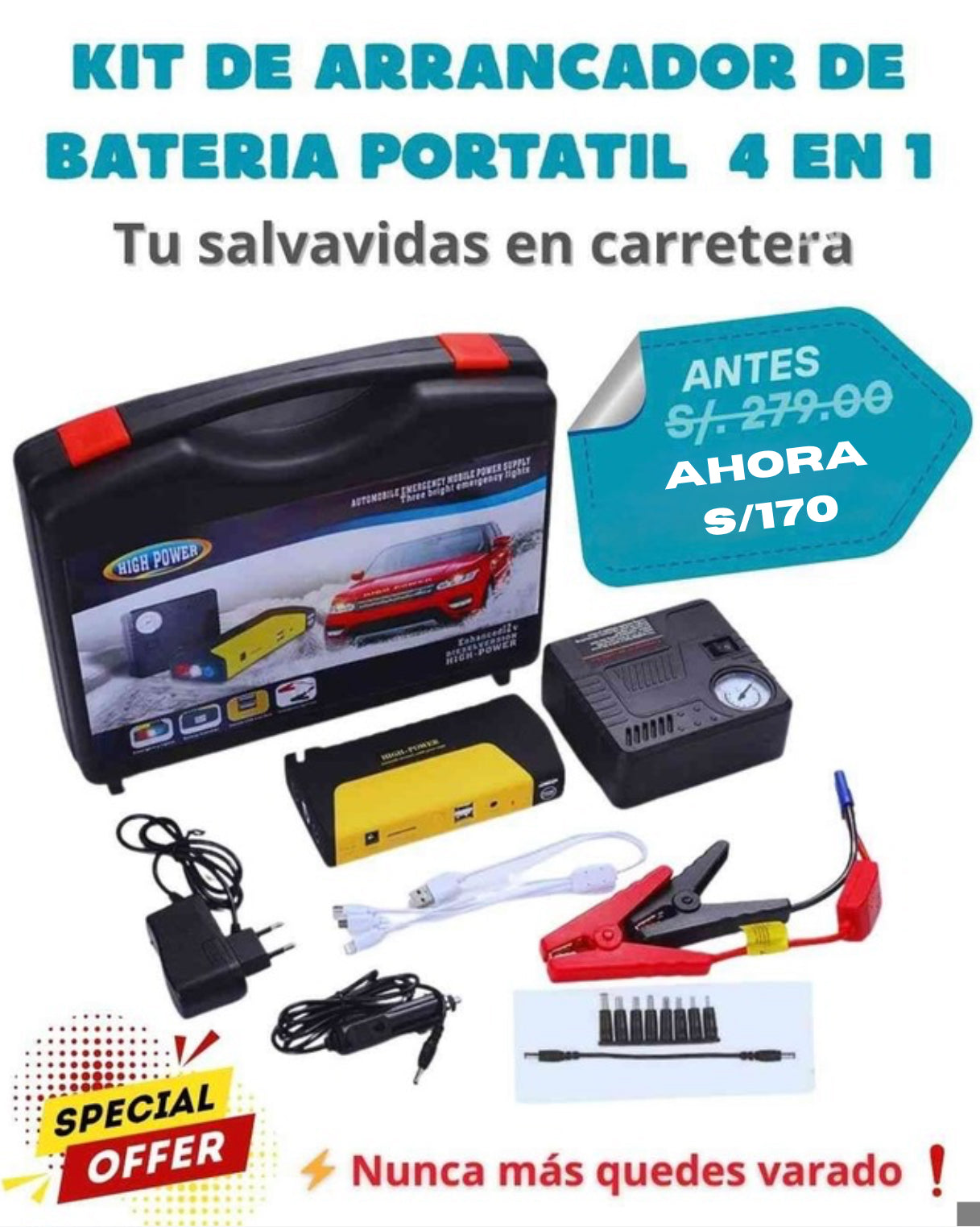 KIT DE ARRANCADOR DE BATERIA PORTATIL 4 EN 1 🏎️🚘 NUNCA MÁS TE QUEDES VARADO: ARRANCA TU AUTO EN SEGUNDOS